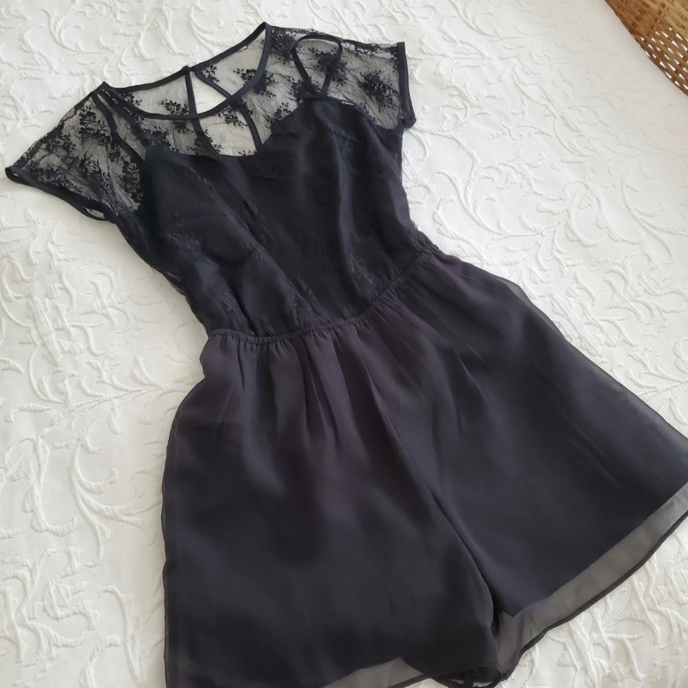 Black Lace and Chiffon Cocktail Romper Jumpsuit